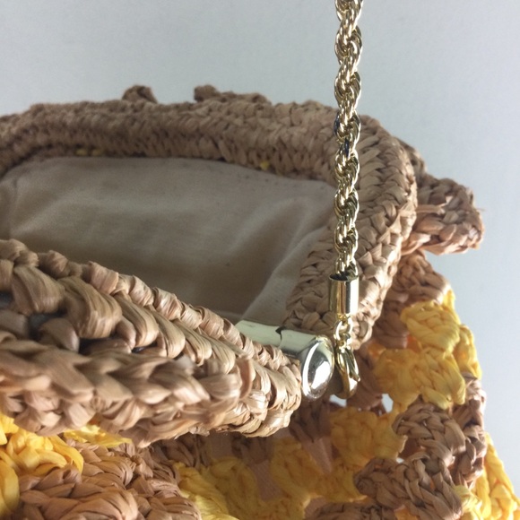 NWOT Loeffler Randall Willa Woven Raffia Ruched Yellow & Natural Clutch - Picture 10 of 13